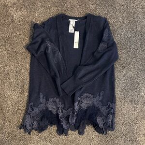 Chico's Navy Open-Front Cardigan with Lace Hem